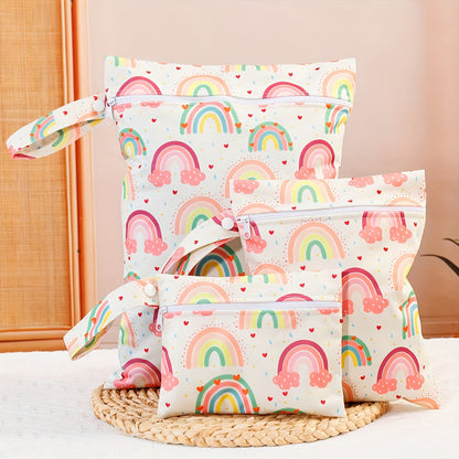 Set of 3 Polyester Wet Dry Bags for Teenagers and Adults - Featuring Rainbow and Moon Designs, Waterproof Bag Set for Various Uses Such as Cosmetics, Diapers, and Travel Storage