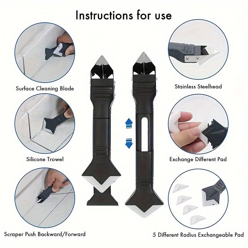 Silicone Scraper Tool Kit: A versatile 5-in-1 tool for surface cleaning, silicone removal, and scraping action. Features a stainless steel blade, exchangeable pads, and is perfect for use in the bathroom, kitchen, floors, windows, and sinks.