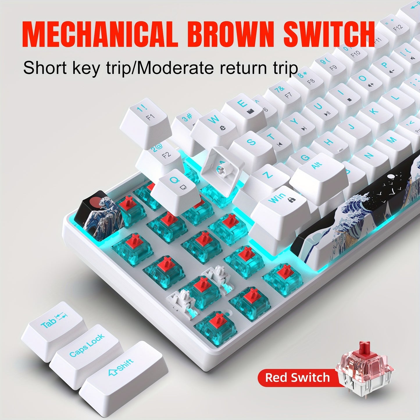 HXSJ ergonomic wired mechanical gaming keyboard with 68 keys, PBT custom dye sublimation keycaps, backlit, USB powered, includes USB cable and keycap puller, for computers/laptops.