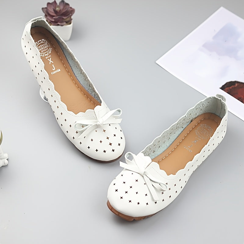 Stylish Womens Bowknot Flat Shoes with Breathable Hollow Out Design for Comfortable All-Day Wear.