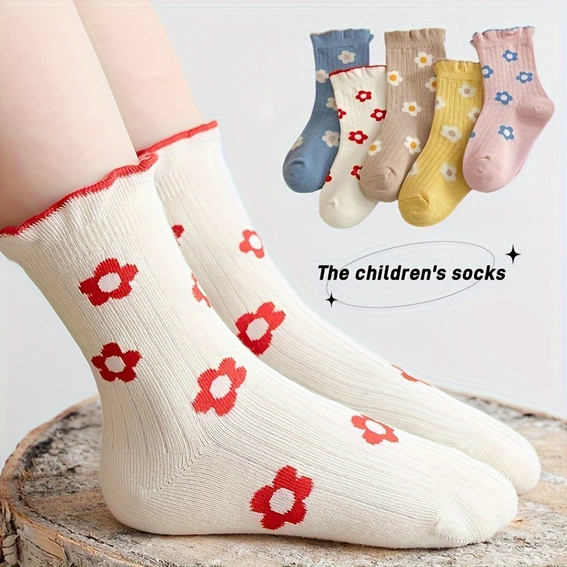 5 children's crew socks with breathable, soft fabric and stylish floral design, ideal for spring and summer.