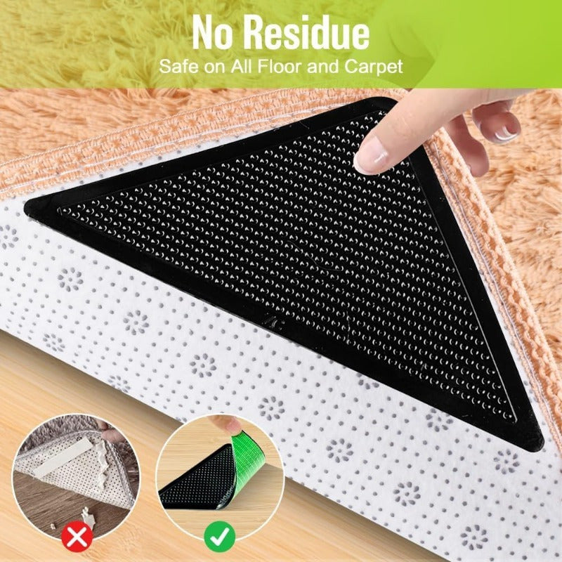 Set of 8 Black Silicone Rug Grippers - Washable and Reusable Anti-Slip Carpet Stickers for Area Rugs. Dual-Sided Adhesive Rug Stoppers designed to keep corners flat and prevent slipping. Non Slip Rug Gripper for added safety.