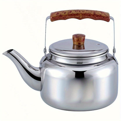 Thickened Water Kettle with Stainless Steel Body and Wood Grain Handle for Indoor and Outdoor Use on Induction Cookers and Gas Stoves