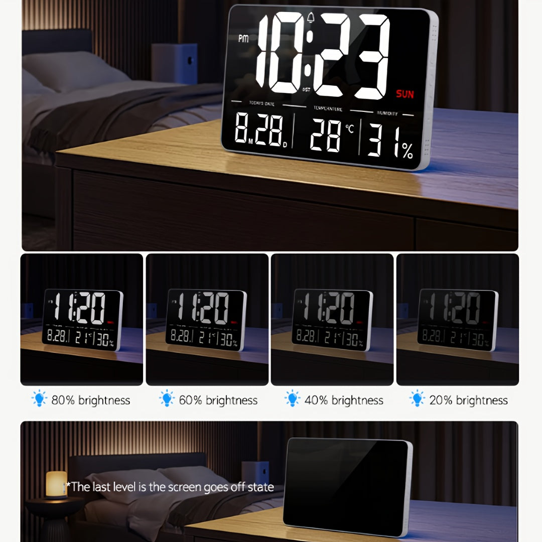 This LED Digital Wall Clock measures 33.27cm and comes with a remote control. It features adjustable brightness, a calendar, temperature display, and a snooze function. The clock can be set to display in 12 or 24-hour format and is ideal for use in the