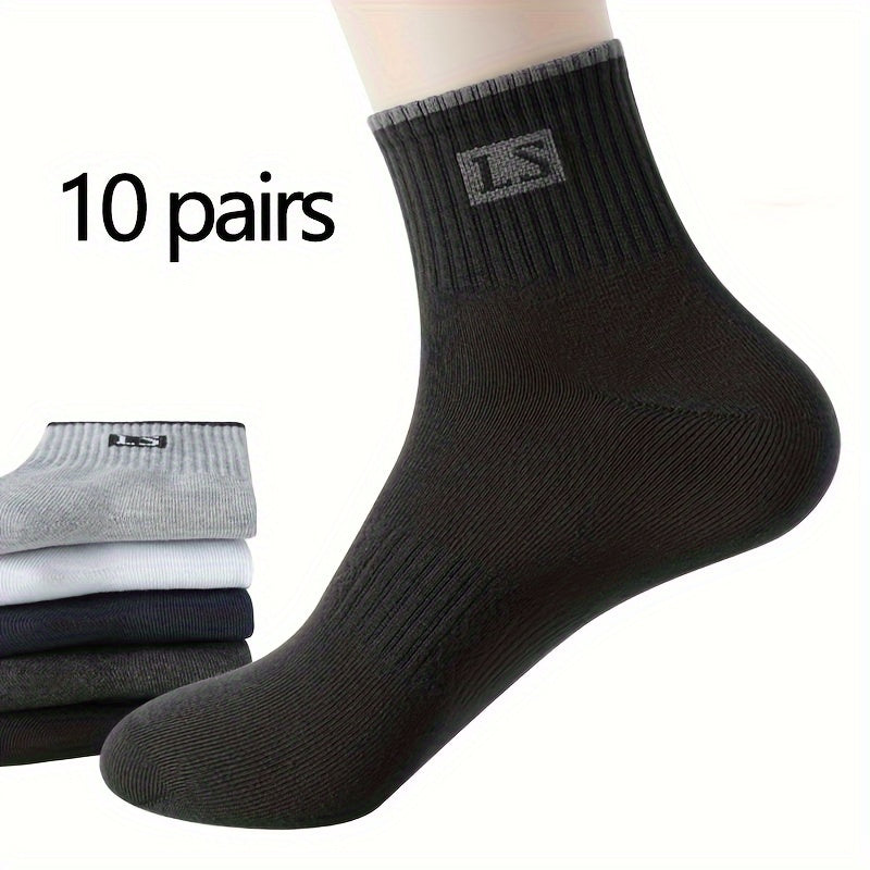 10 pairs of men's trendy solid crew socks, perfect for outdoor wearing in all seasons.