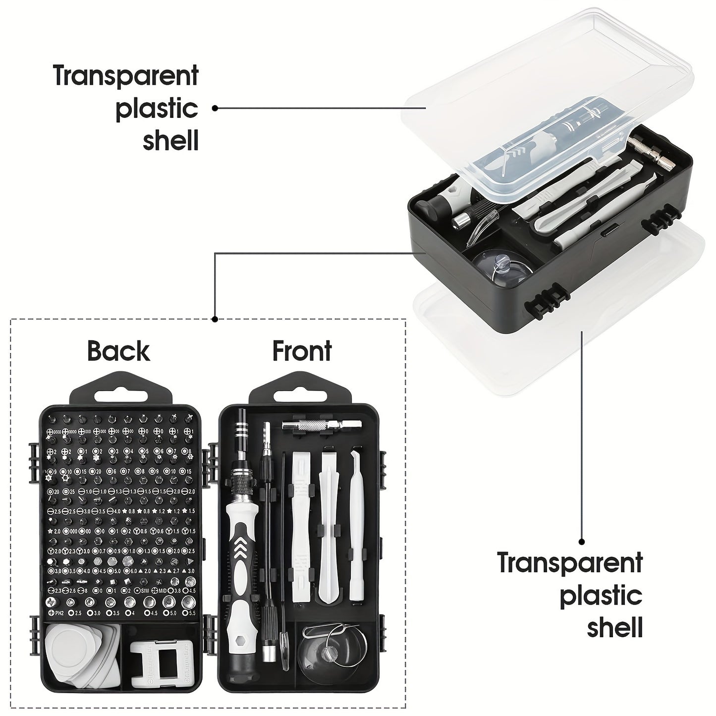 Precision screwdriver set with 115 tools, magnetic repair kit, non-slip portable tools, and ergonomic handles for smartphones, laptops, watches, and electronic devices. Made of chrome