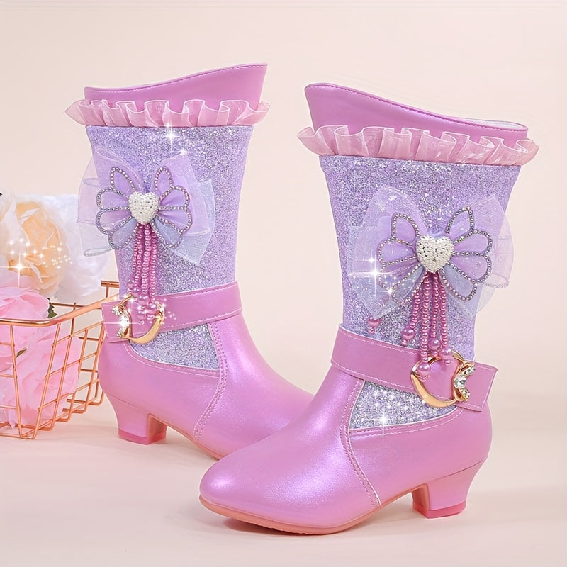 Princess boots for winter with velvet, snow, and bows.