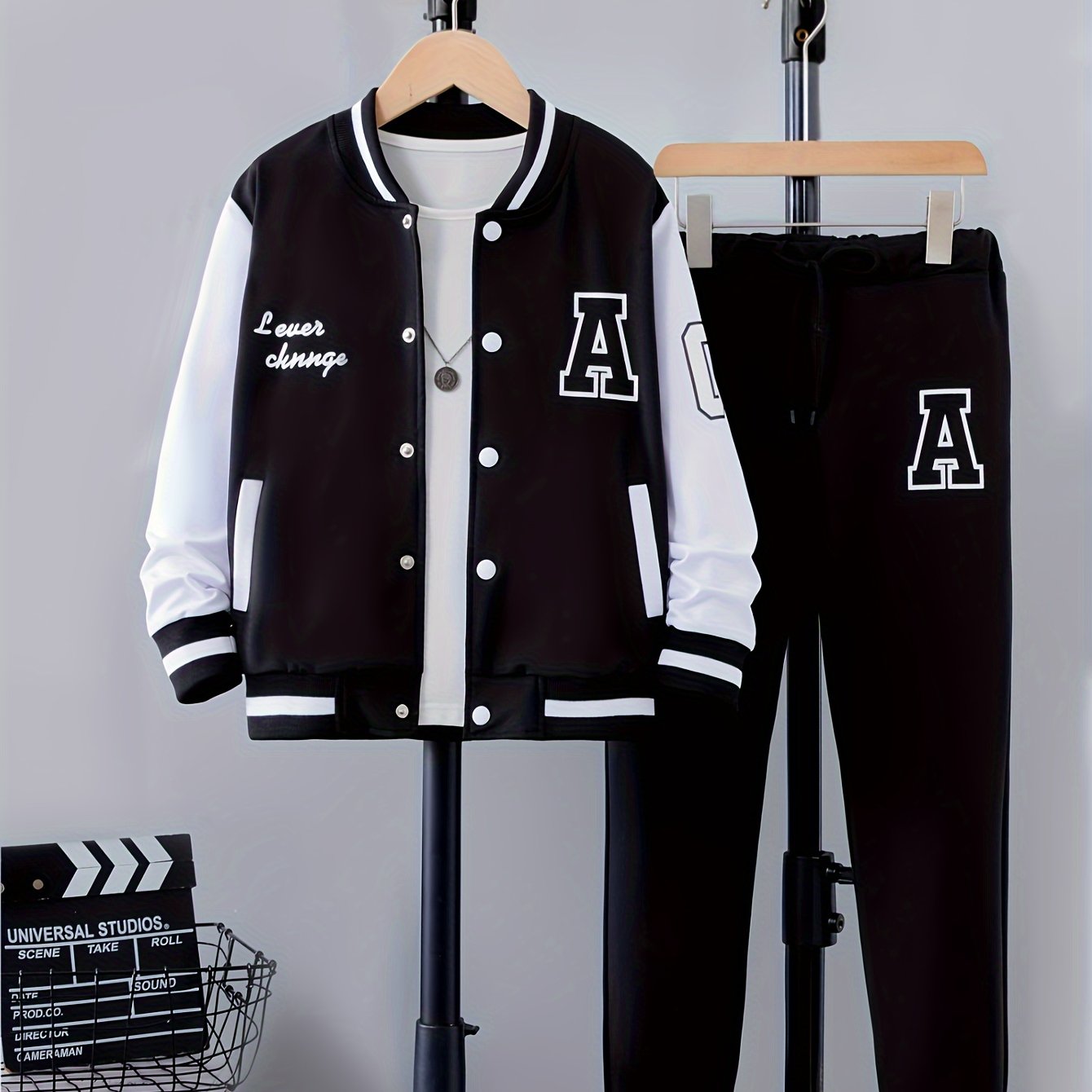 Boy's Letter Print Varsity Jacket Outfit, including bomber jacket and pants set, ideal for fall and winter wear, perfect as a gift.