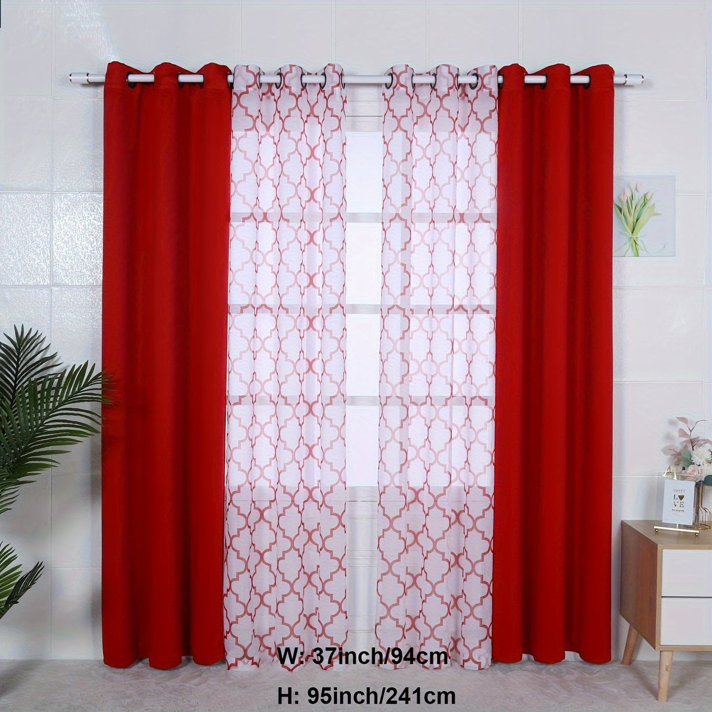 Blackout Curtains and Sheer Panels with Snowflake Pattern, Including Rods, Indoor Set of 4, Weighing 200 Grams in Total.