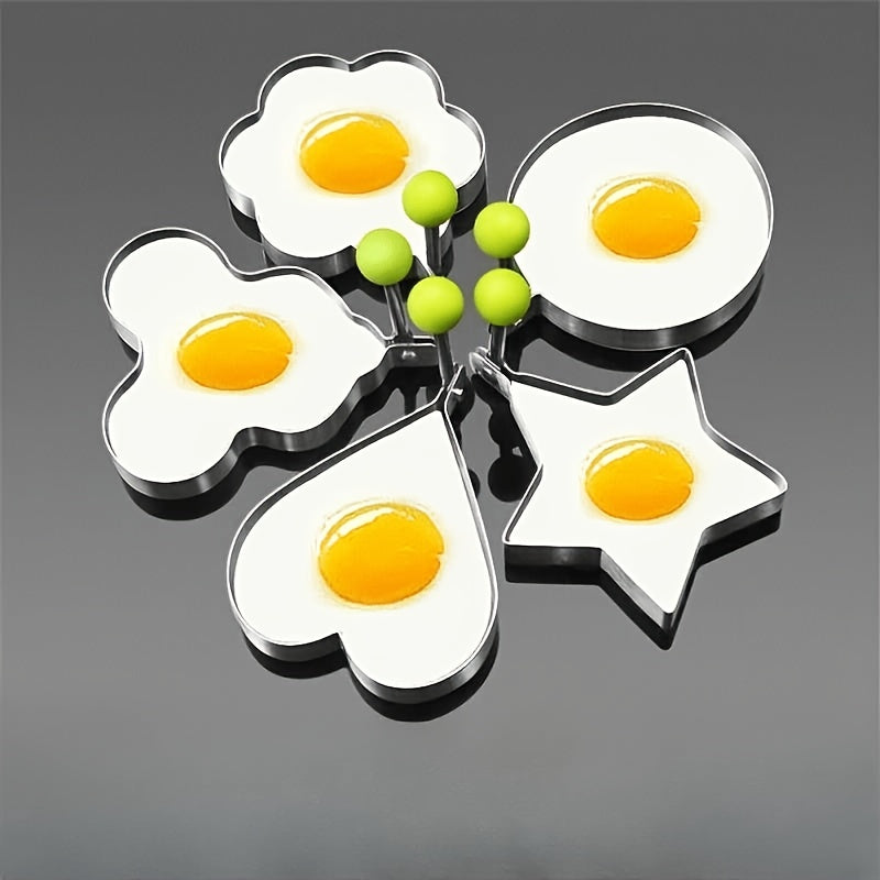 Enhance your cooking experience with this set of five stainless steel egg molds. These thickened, non-stick molds are perfect for frying and poaching eggs, and are designed with heart shapes and rice balls to bring a fun touch to your creative dishes.