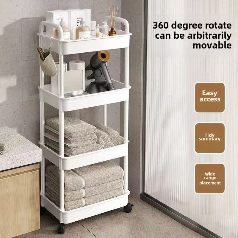 Durable plastic storage cart with multiple tiers for organizing kitchen, bathroom, and bedroom. Easy to assemble with baskets, bins, and containers for home organization.