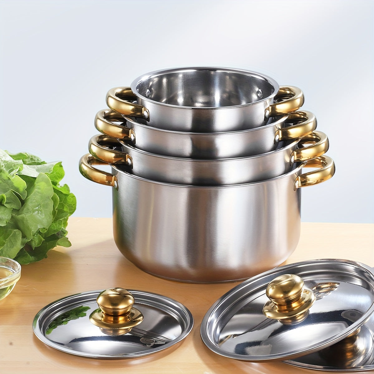 Set of 4 Stockpots with Lids in Stainless Steel - Includes 18cm, 20cm, 22cm, and 24cm Diameters