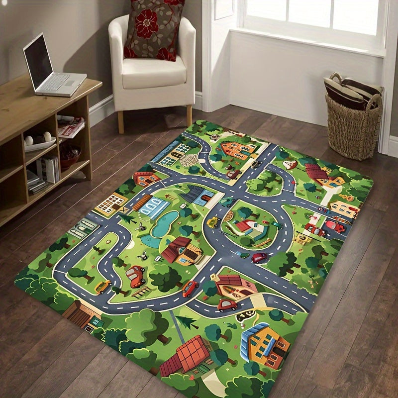 Green cartoon village design carpet suitable for use in children's rooms, bathrooms, kitchens, living rooms, bedrooms, interior doors, and entryways. The carpet has a thickness of 8mm and can be machine washed. Ideal for adding a decorative touch to your