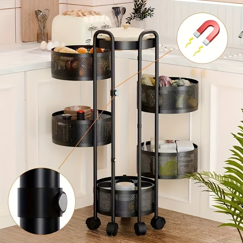 5-tier rotating vegetable storage rack with metal shelves and casters.