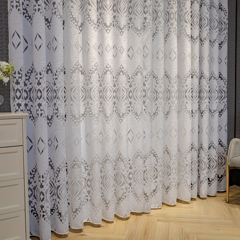 Art Deco Geometric Jacquard Sheer Curtains: Add a touch of elegance to your living room with these lightweight, unlined polyester drapes featuring a cutwork weave design. The grommet top and fashion theme make them a perfect all-season decorative panel