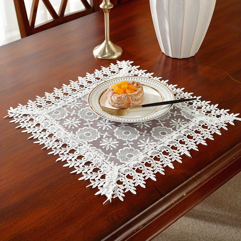 Polyester table runner with white embroidery flowers and lace edge, perfect for room or dining table decor.