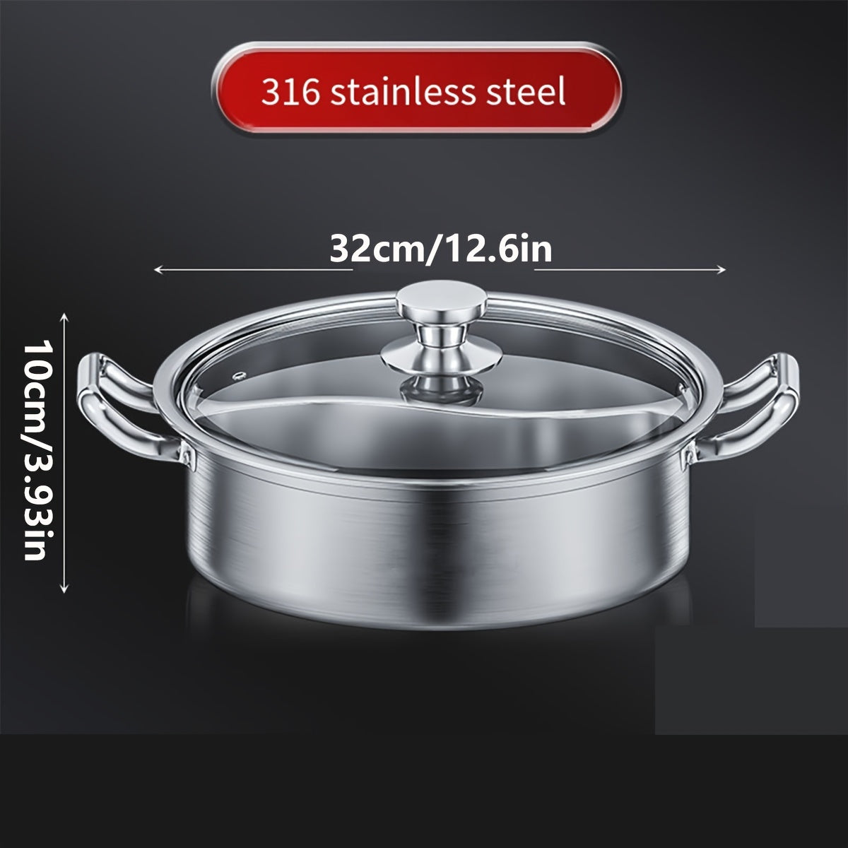 Mandarin Hot Pot with Two Flavors, Made from SUS 316 Antibacterial Stainless Steel, Features Thickened Seamless Construction, Unique Non-Tainting Soup Separation System, Suitable for Gas and Induction Stovetops.