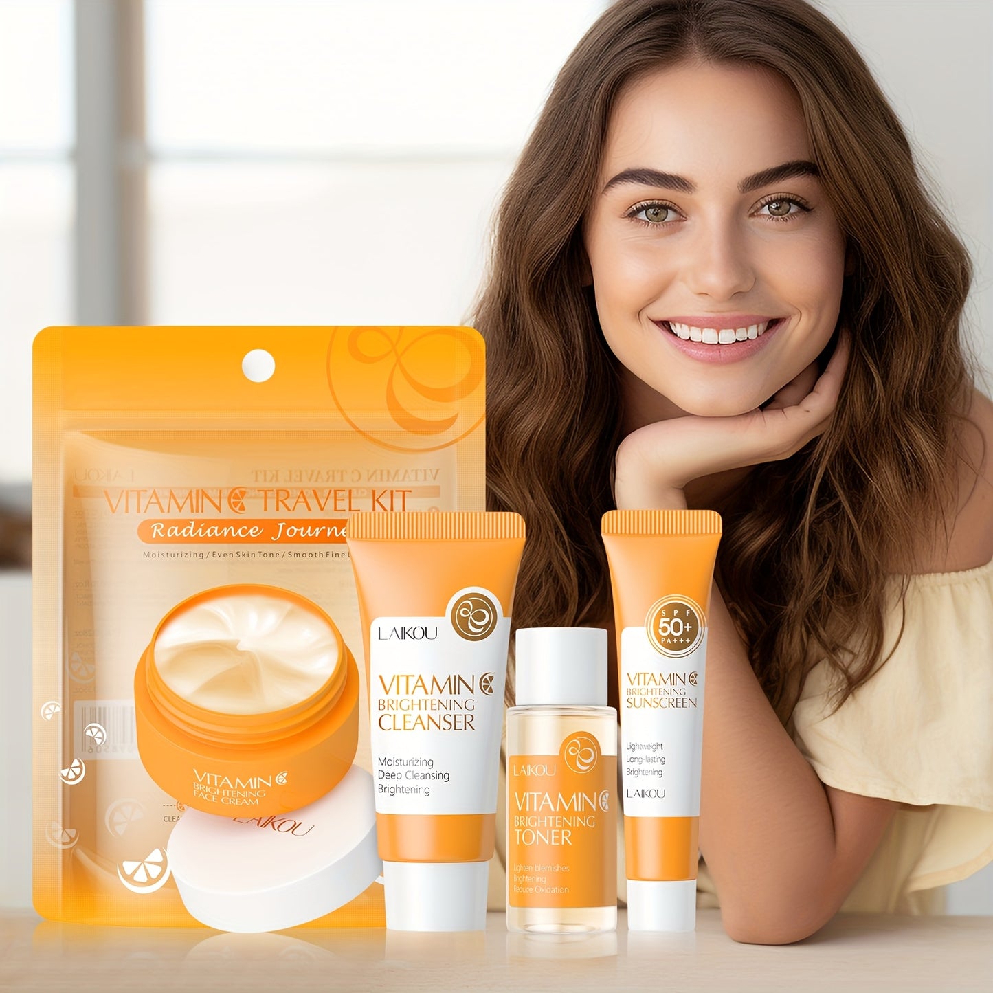 LAIKOU Vitamin C Skincare Set includes 4 products for all skin types: foam cleanser, toner, moisturizer, and sunscreen.