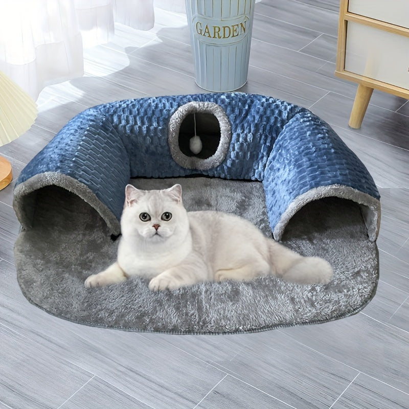 Cozy cat tunnel bed with play mat and warm nest for small to medium pets.