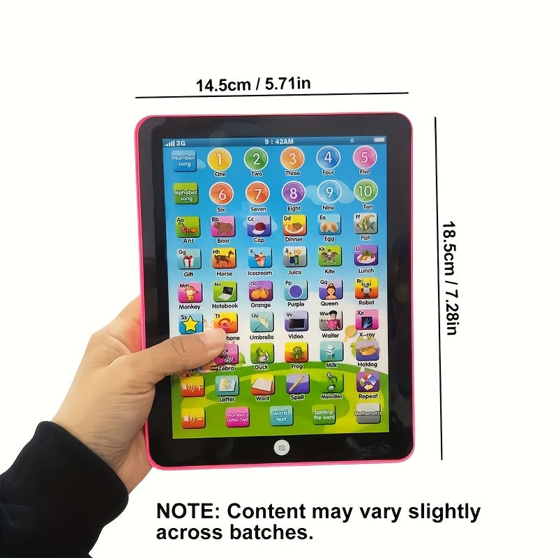 Educational tablet toy for children with interactive learning games in music, numbers, spelling, words, and alphabets. Battery-powered.