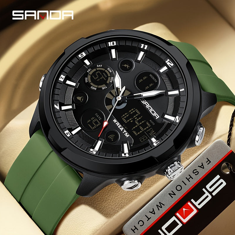 The SANDA Men's Sports Watch is a multifunctional chronograph quartz timepiece that is water-resistant up to 5ATM. Featuring a date display, round zinc alloy case, and silica gel strap, this watch is powered by an electronic drive and a non-rechargeable