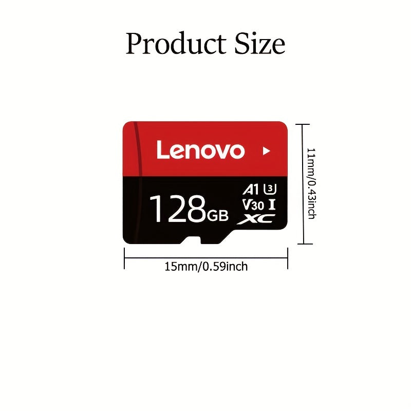 Lenovo High-Speed SD Card, sizes ranging from 32GB to 256GB, with UHS Class 10, V30, and A1 compatibility. Includes Micro SD adapter for multiple devices.