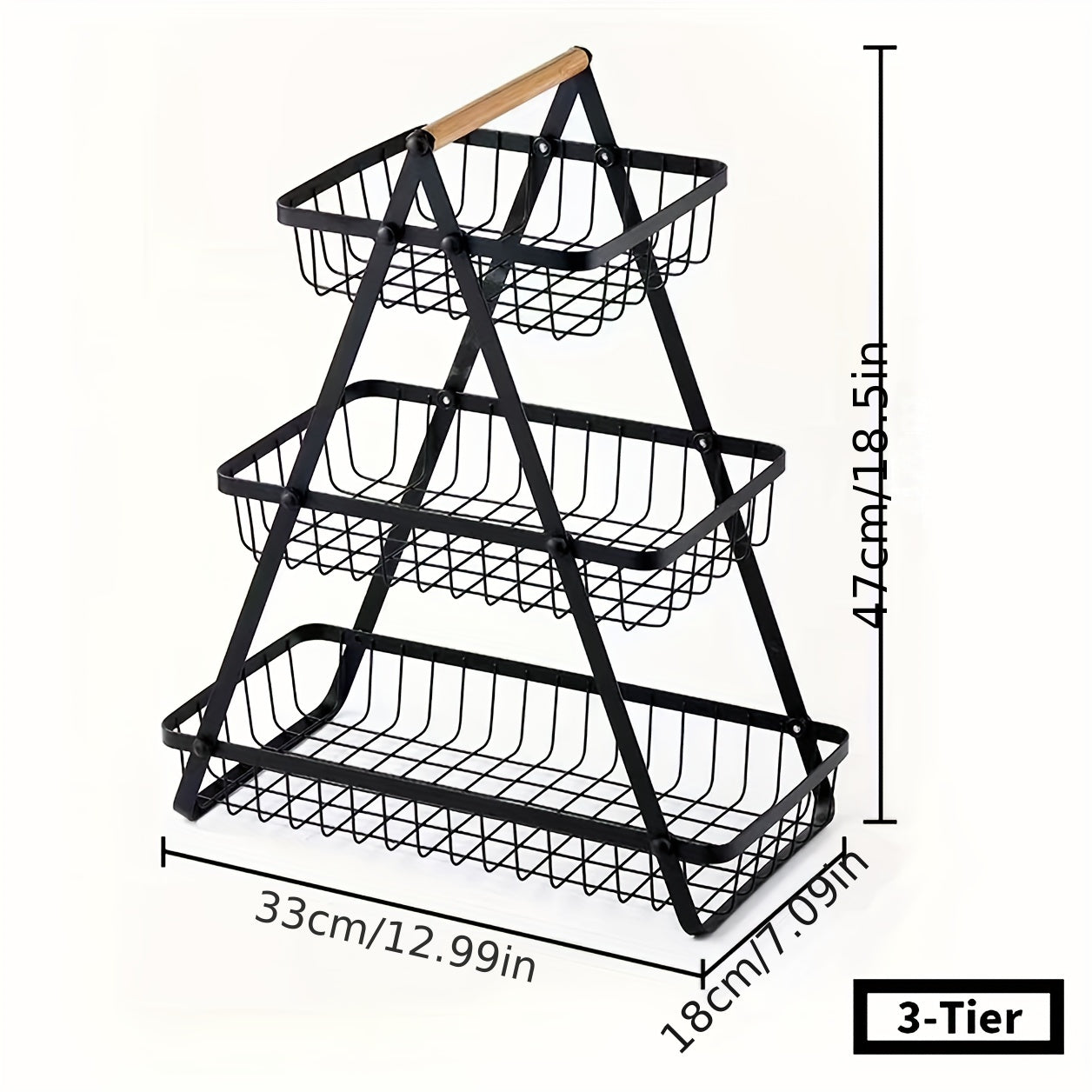 A contemporary metal fruit and vegetable basket featuring a detachable bowl-shaped storage compartment and a wooden handle for kitchen organization. Ideal for gifting during Christmas or Halloween, this handy organizer can be used on the countertop or in