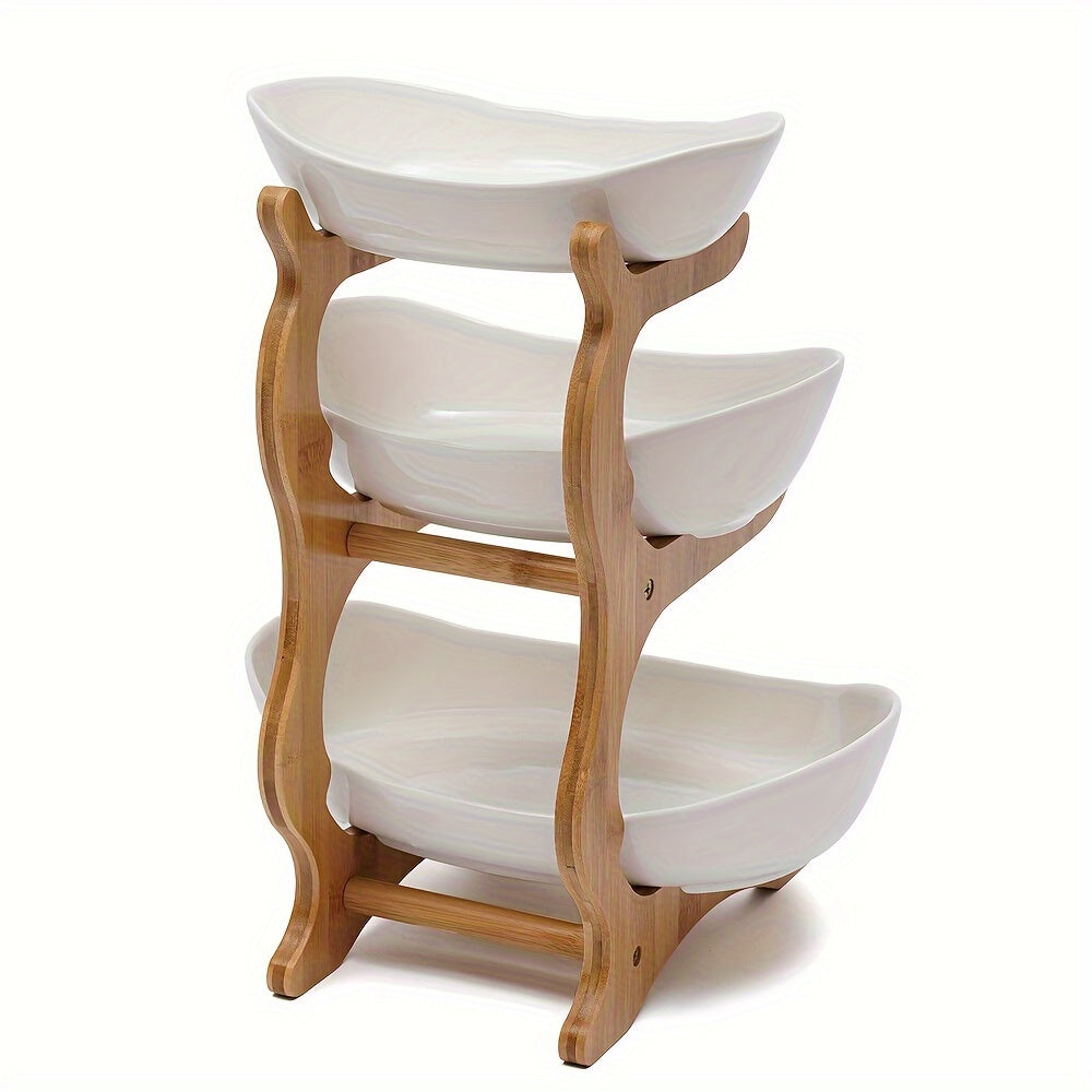 Wooden 3-Tier Fruit Stand for Kitchen Use - No Batteries Needed for Multiple Purposes