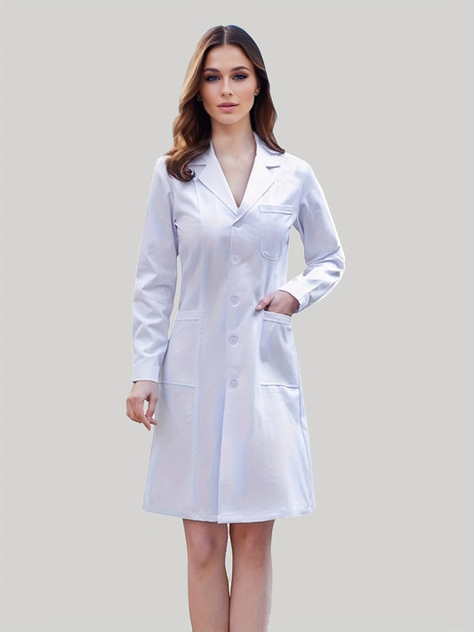 Women's slim fit white lab coat for doctors and nurses, made of 100% polyester with lapel collar, long sleeves, and pockets.