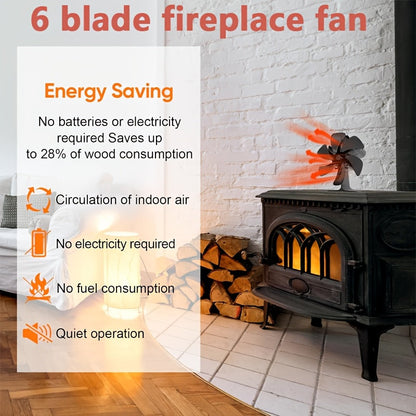 6-Blade Black Aluminum Fireplace Fan - Silent Operation, evenly distributes heat without needing electricity. Ideal for creating a cozy atmosphere for winter nights and makes for a great Christmas gift. Enhance your fireplace decor.