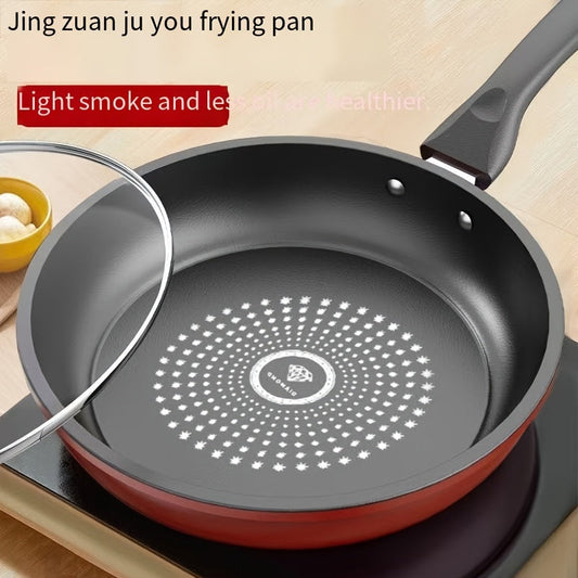 Small, flat bottom 24cm skillet made of non-stick cast iron with lid. This dual-use pan is perfect for cooking pancakes and more, designed to be used on both induction and gas stoves for a smokeless cooking experience.