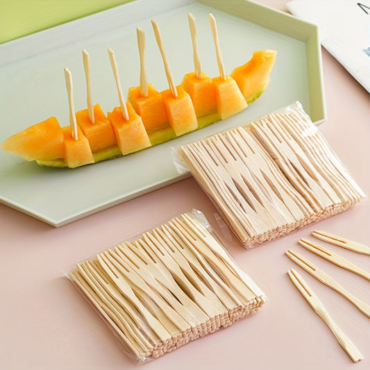 100 bamboo fruit forks ideal for weddings, birthdays, and parties, great for desserts, cocktails, and home decor.