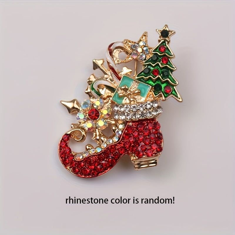 Vintage style rustic Christmas brooch with irregular shape and rhinestone accents. Perfect women's novelty pin for adding a festive touch to clothing or shoes during the holiday season.