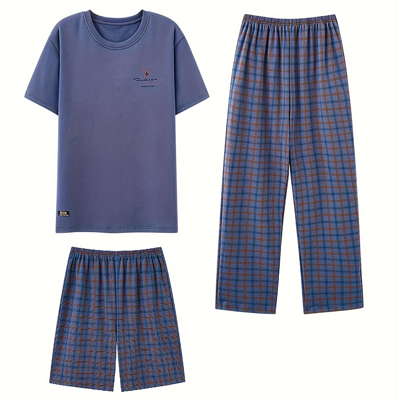 Men's casual short sleeve crew neck stripe pajama set in polyester elastane knit fabric with front pocket. Includes classic plaid shorts and trousers. Suitable for all seasons nightwear