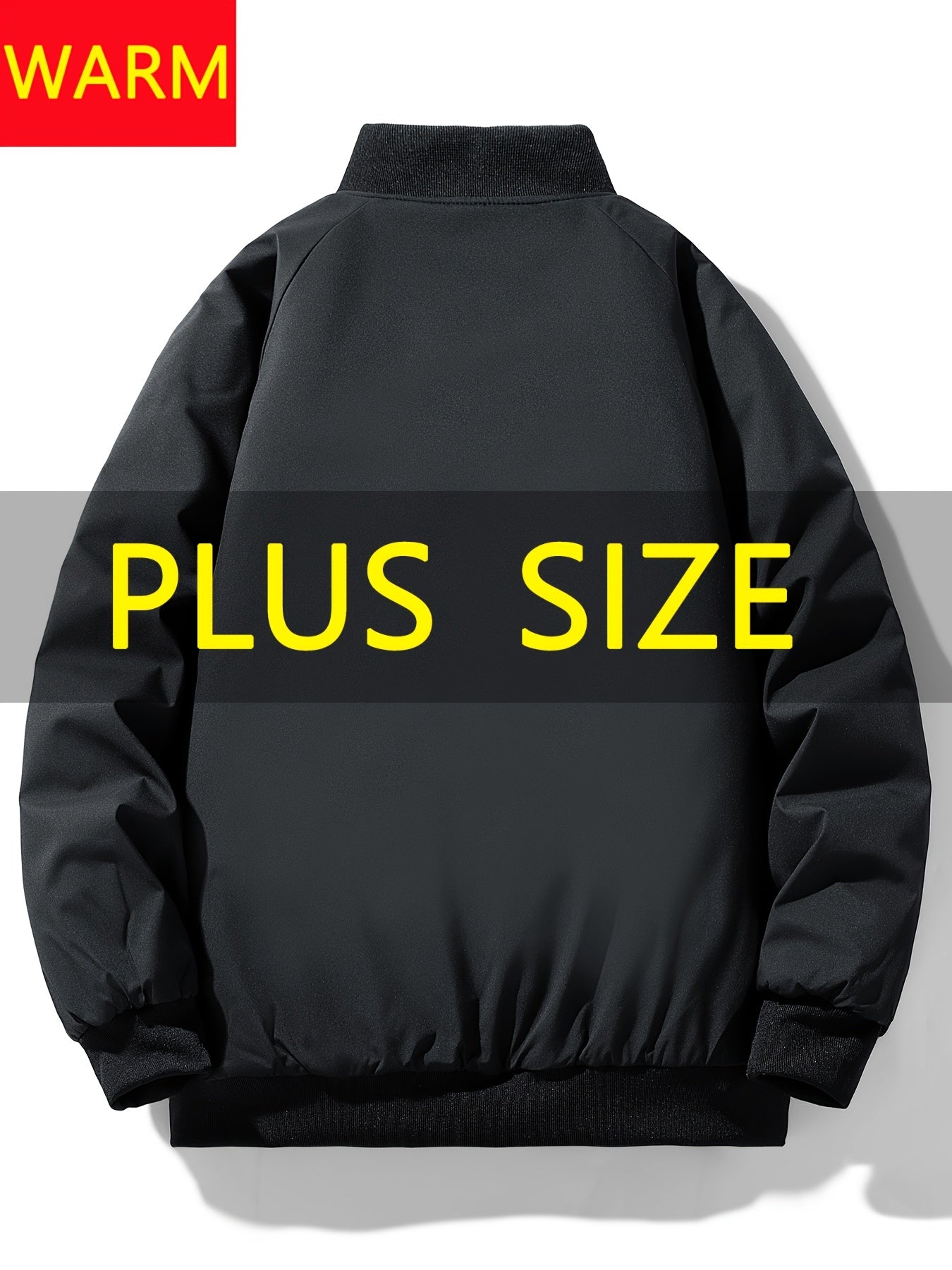 Men's plus size casual jacket with baseball collar, zip pockets, loose fit, solid color polyester.