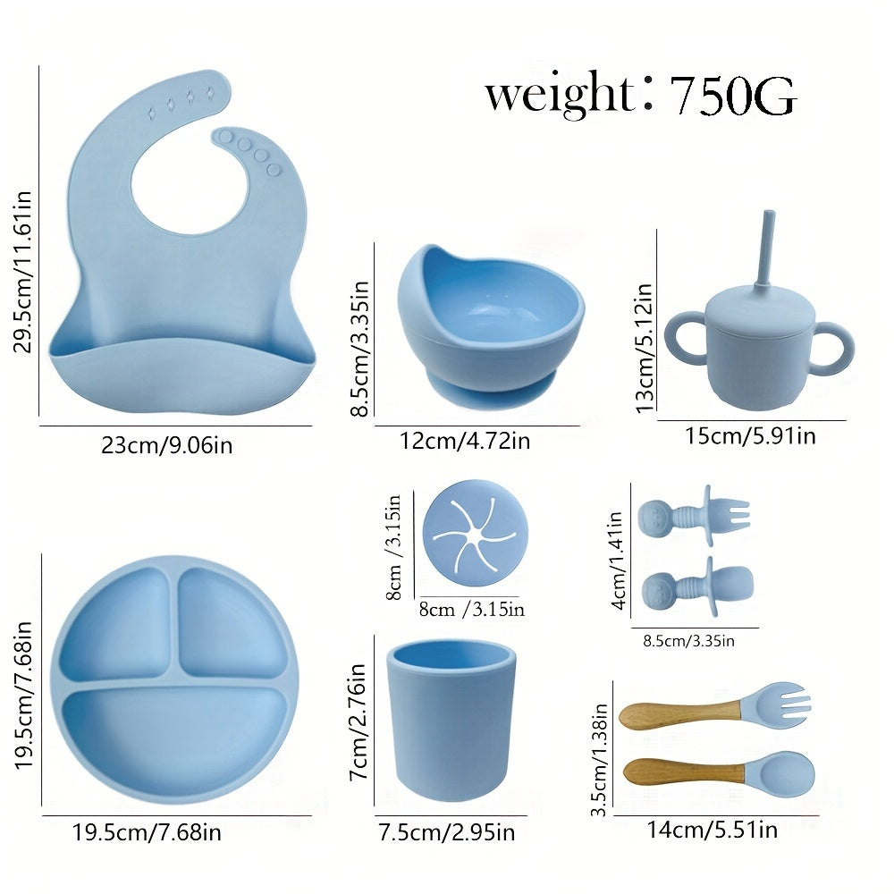Портативный набор силиконовых тарелок для детей с встроенной чашкой для слива, нагрудником и инструментом для закусок для малышей.