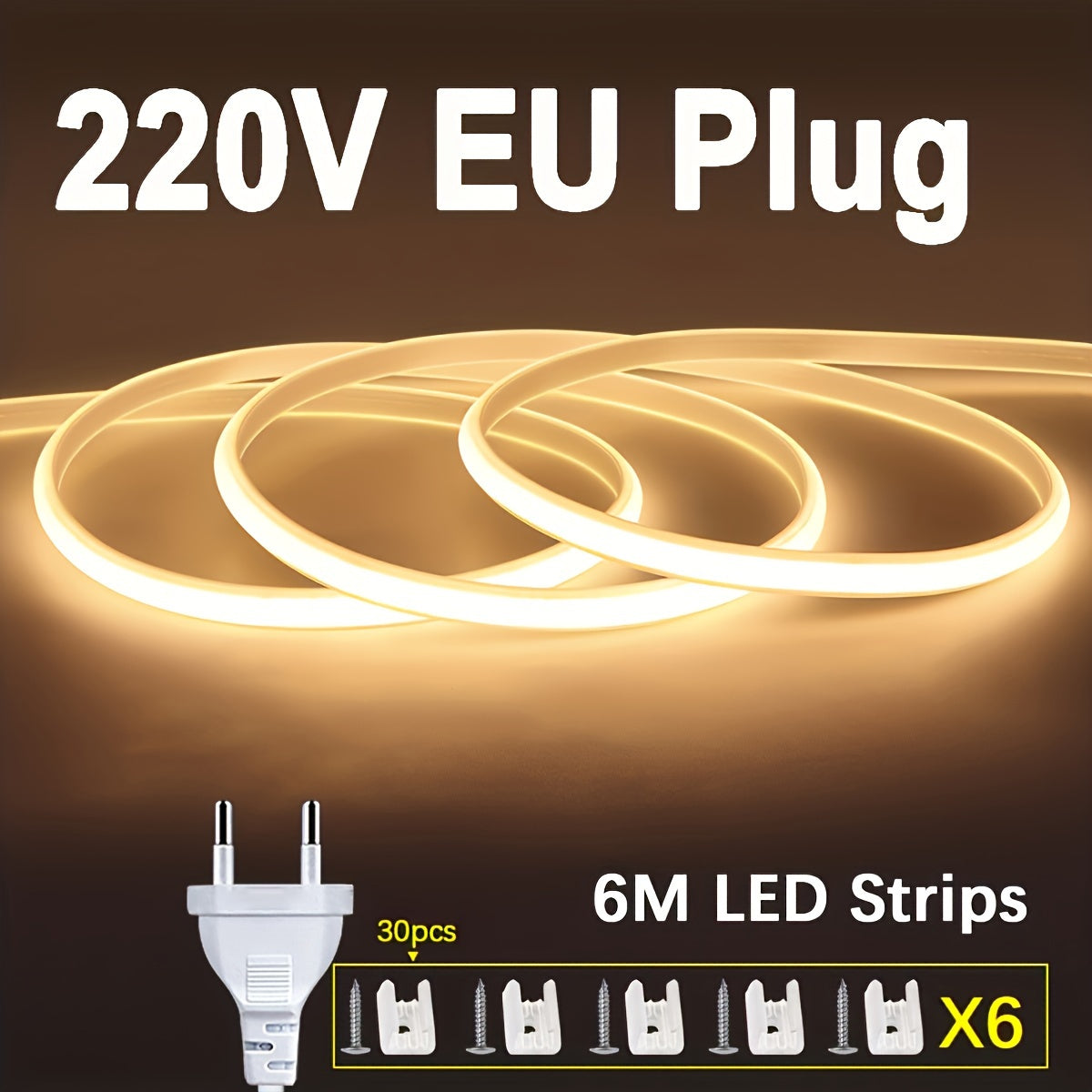 1 Pack 220V COB Flexible LED Strip with 288leds/m, 12W/M. Cuttable 1m Outdoor Garden LED Strip Light for Kitchen Bedroom, includes Free Accessories and 1.2m EU Plug with Switch.