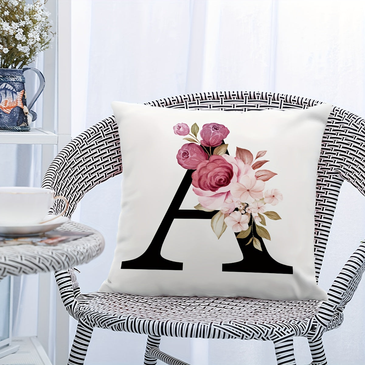 English letter flower print pillowcase for sofa cushions, 45.72cm x 45.72cm.