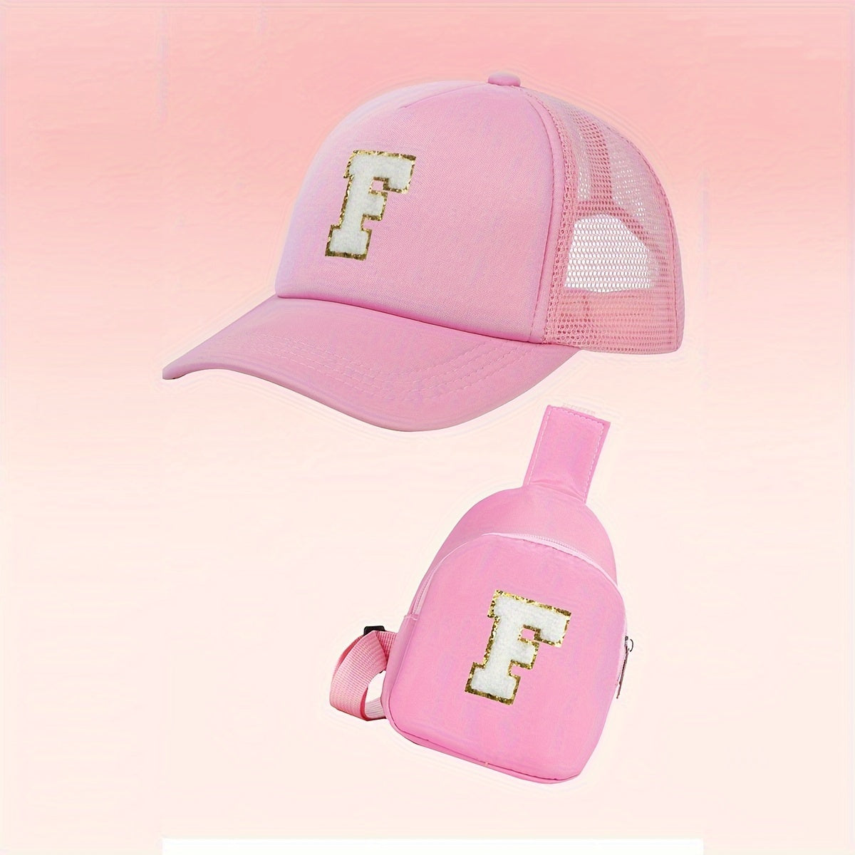 Alphabet-themed 2-piece set for girls includes a polyester baseball cap and bag, suitable for ages 3-14. Features a fitted, breathable design ideal for daily wear and special occasions