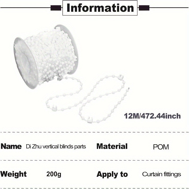 Set of white plastic beaded curtain chains, 12 meters long, with a diameter of 127mm. Ideal for window treatment and hardware accessories.