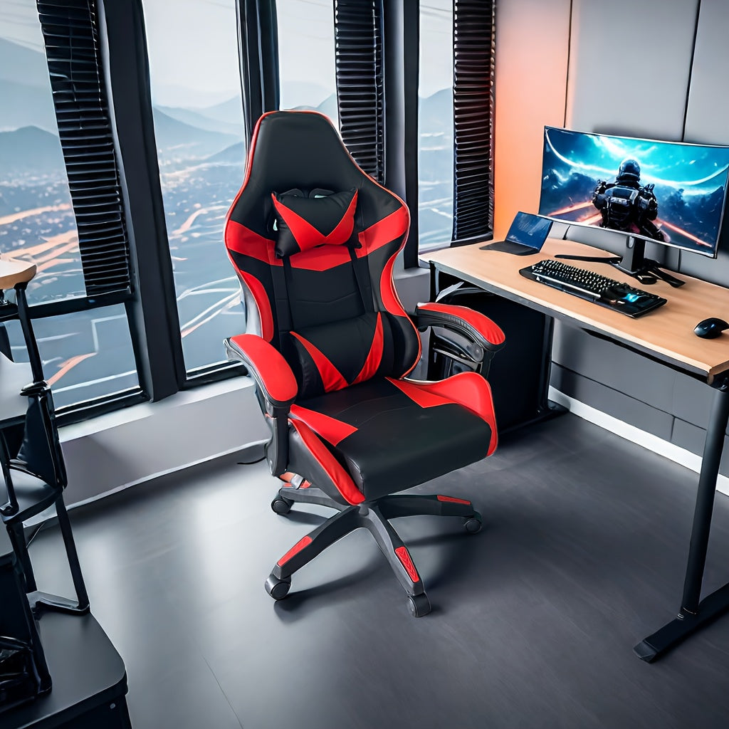 Ergonomic gaming chair with headrest and lumbar support, adjustable height and back tilt, 360° swivel, iron frame and sponge filling, plastic material with casters, handle-operated