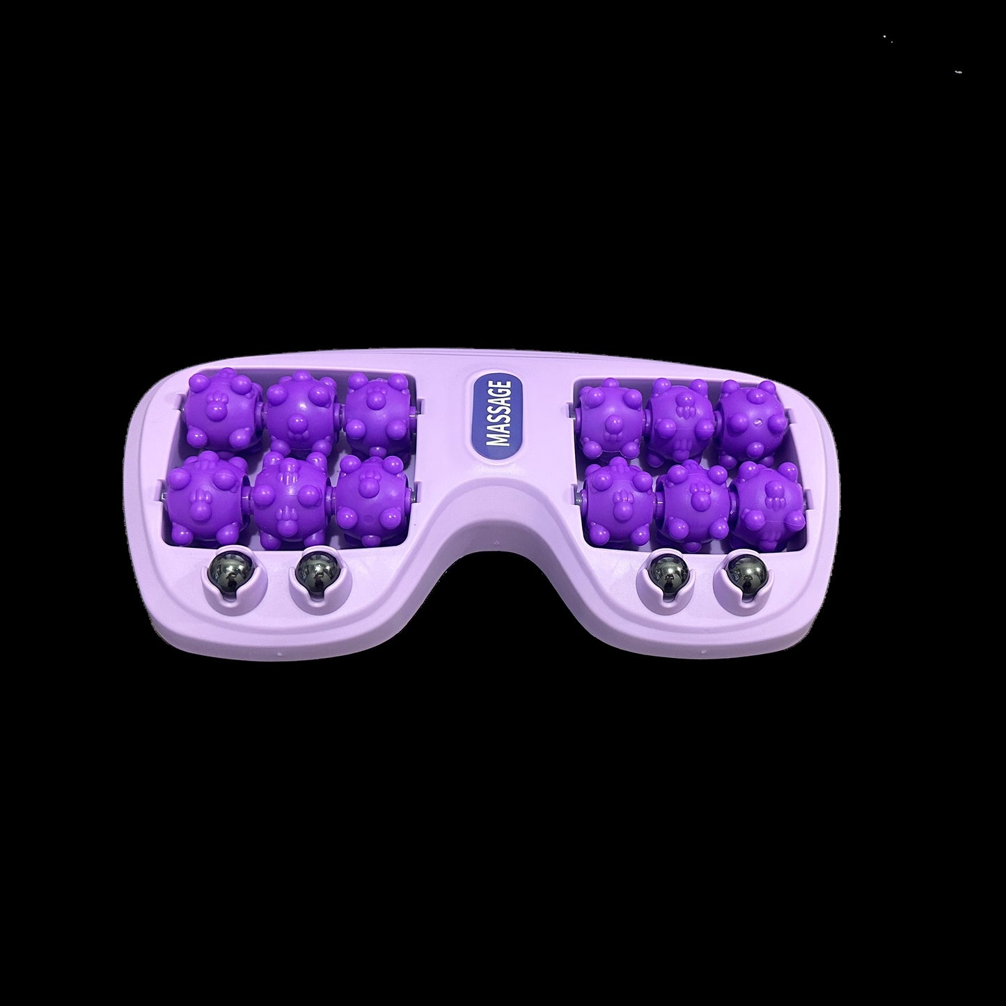 Purple dual-control foot massager with 4-row roller wheels for acupressure and plantar relaxation, designed for home wellness.