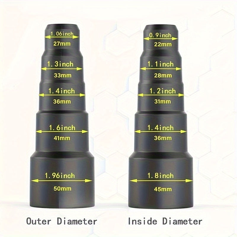 2, 4, or 6 pieces of a 5-layer Vacuum Cleaner Tube Adaptor are available. This Universal Hose Adaptor is suitable for common models with diameters of 50mm, 42mm, 34mm, 30mm, and 23mm.