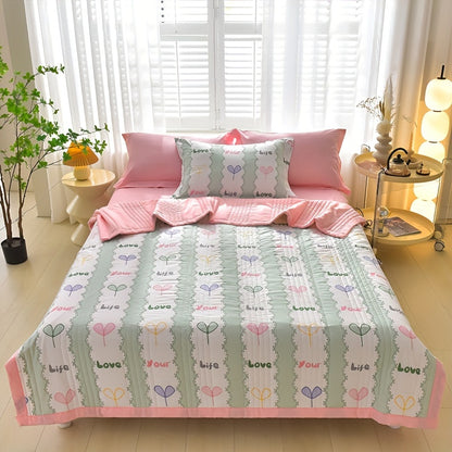 Modern hypoallergenic quilt with floral pattern, plaid pieces, and embellishments. Made of all-season polyester, machine washable, multi-functional, suitable for single/double beds.