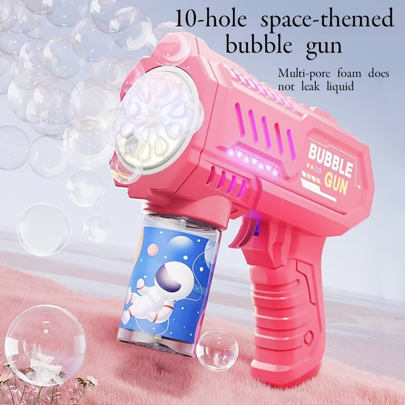 1pc Electric Bubble Gun for kids with LED lights, refillable solution, perfect for parties.