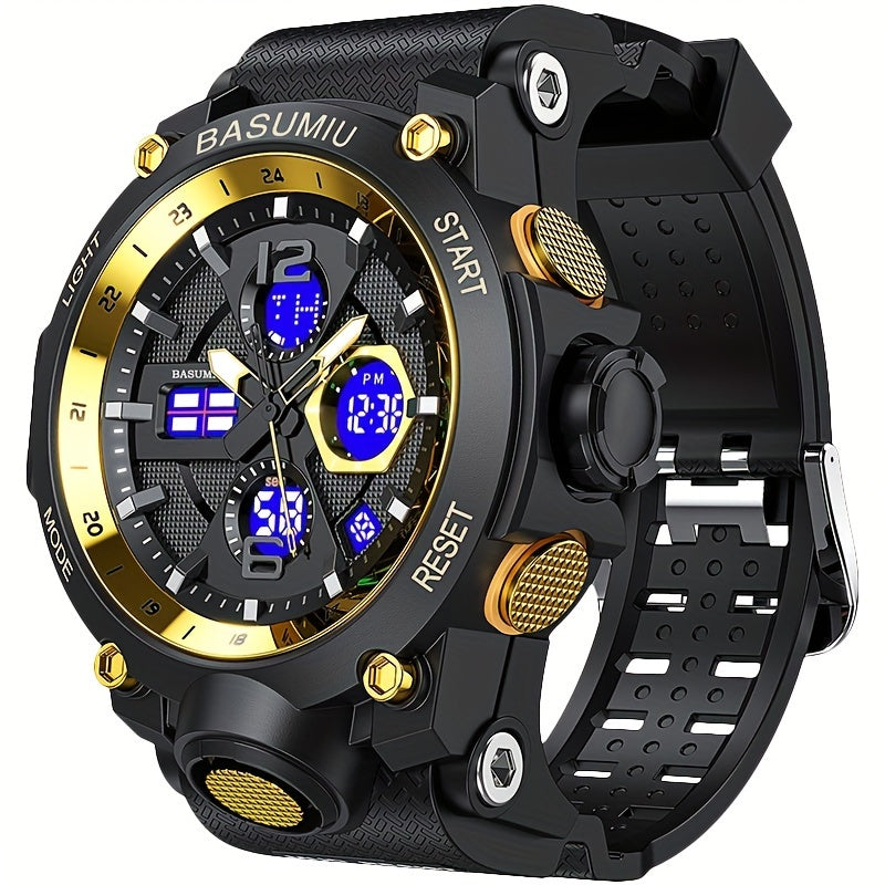 Digital sports watch for men with a waterproof tactical military design. Features dual display electronic movement and luminous detailing. Comes with a PC case, TPU strap, and non-rechargeable button battery. Rated IPX7 for water resistance.