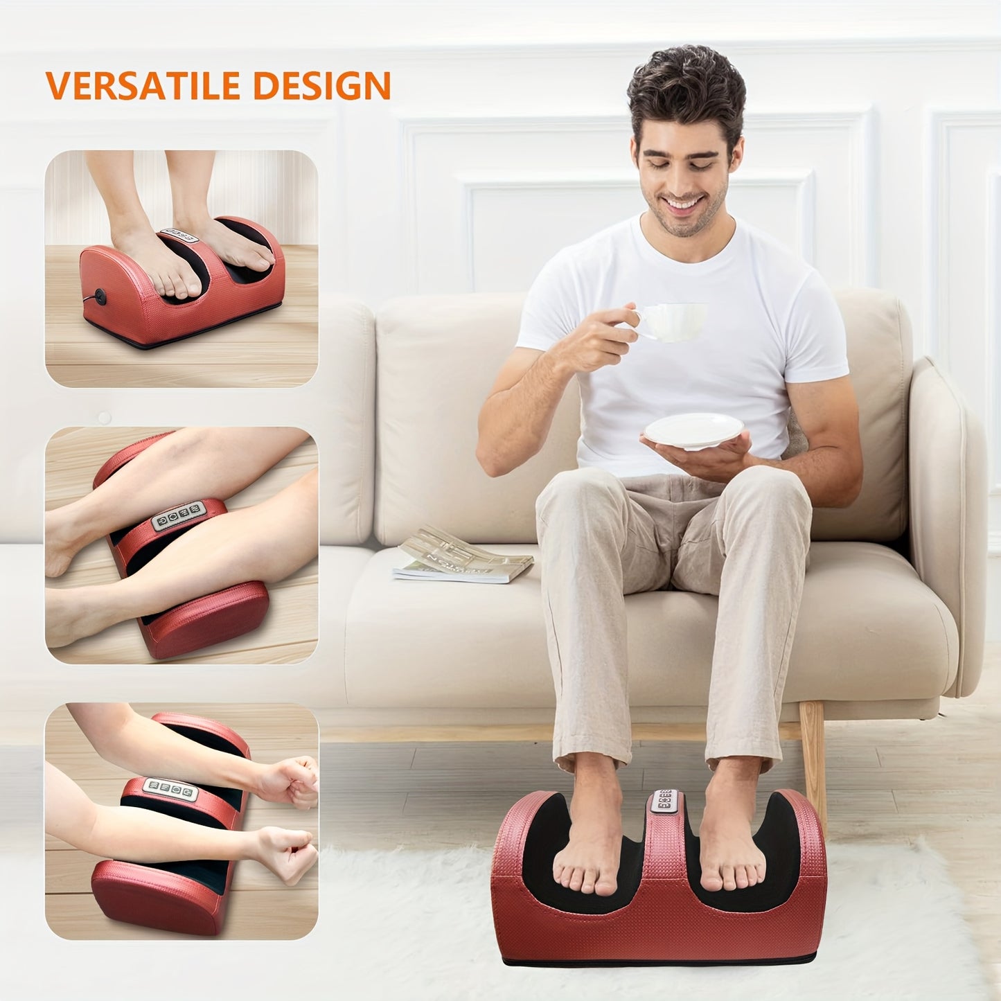 Red foot massager with heating function and multiple massage modes, family-friendly design for feet, 220V plug-powered with thermoplastic elastomer material.