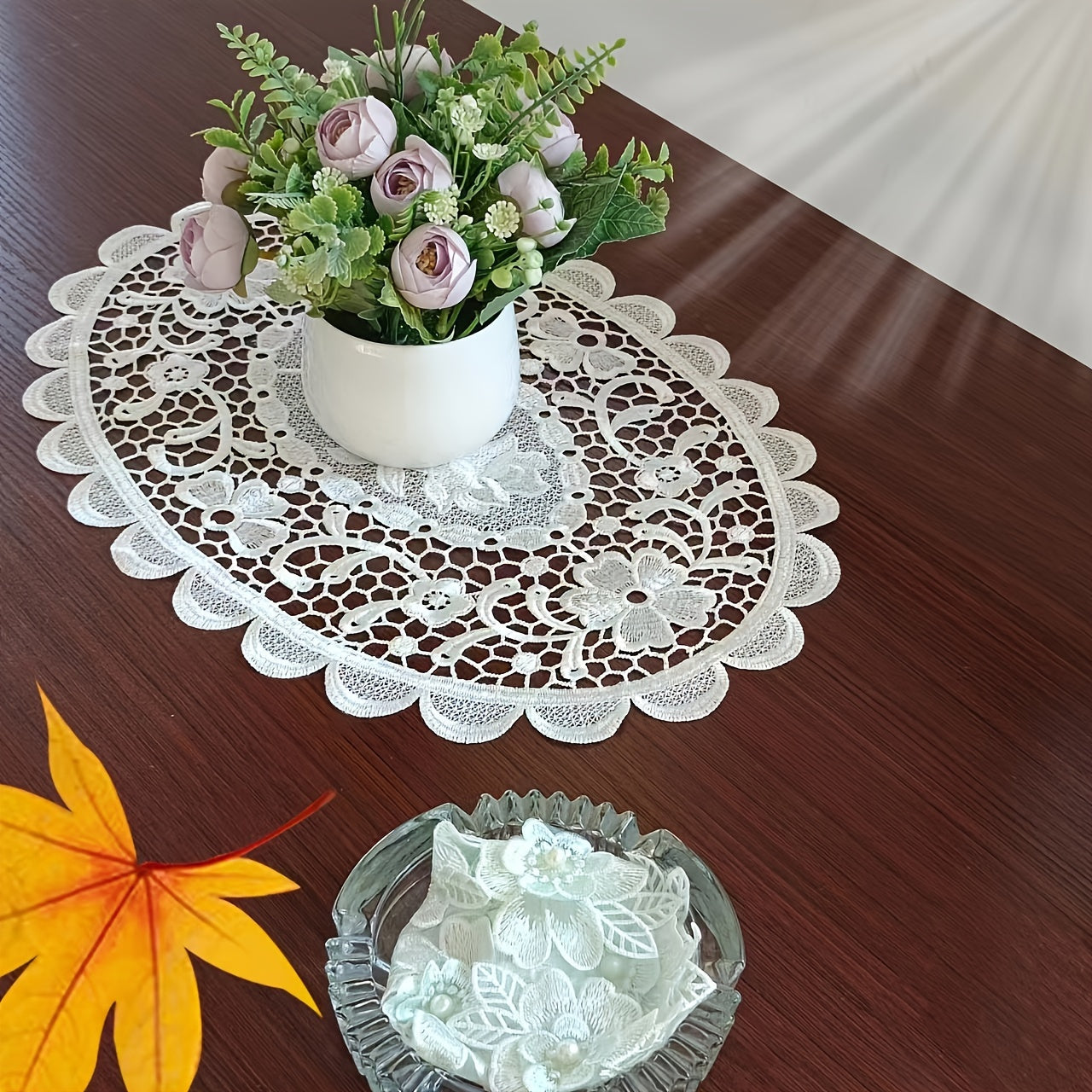 Polyester placemats with white lace embroidery, Nordic-style table decoration mat for coffee table, household bowl or plate decor, enhancing home decoration.