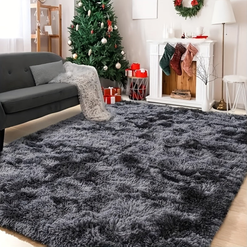 Luxurious Scandinavian-Style Black Tie-Dye Rug with Fluffy Soft Polyester, Stain-Resistant Non-Slip Carpet for Living Room, Bedroom, or Office. Perfect for All Holidays, this Machine-Made Indoor Mat adds a touch of elegance to any space.