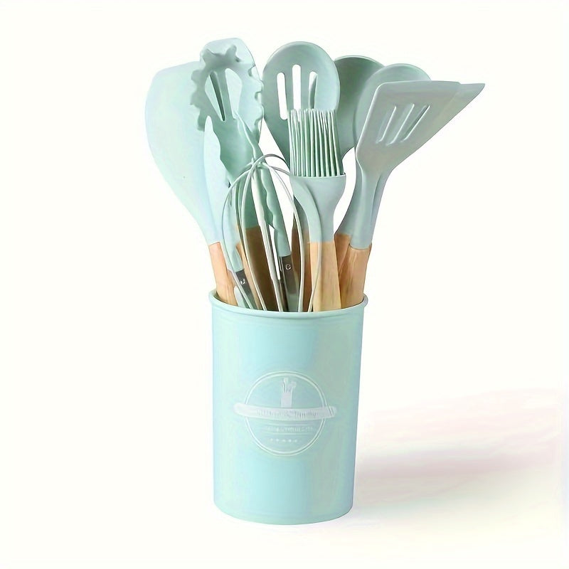 12-piece Silicone Kitchen Utensil Set featuring Non-stick Spatula, Spoon, Ladle, Whisk and Storage Rack. Ideal for Baking and Cooking, great for Christmas, Halloween, Easter, and Thanksgiving. A must-have for any kitchen, complete with handles for easy